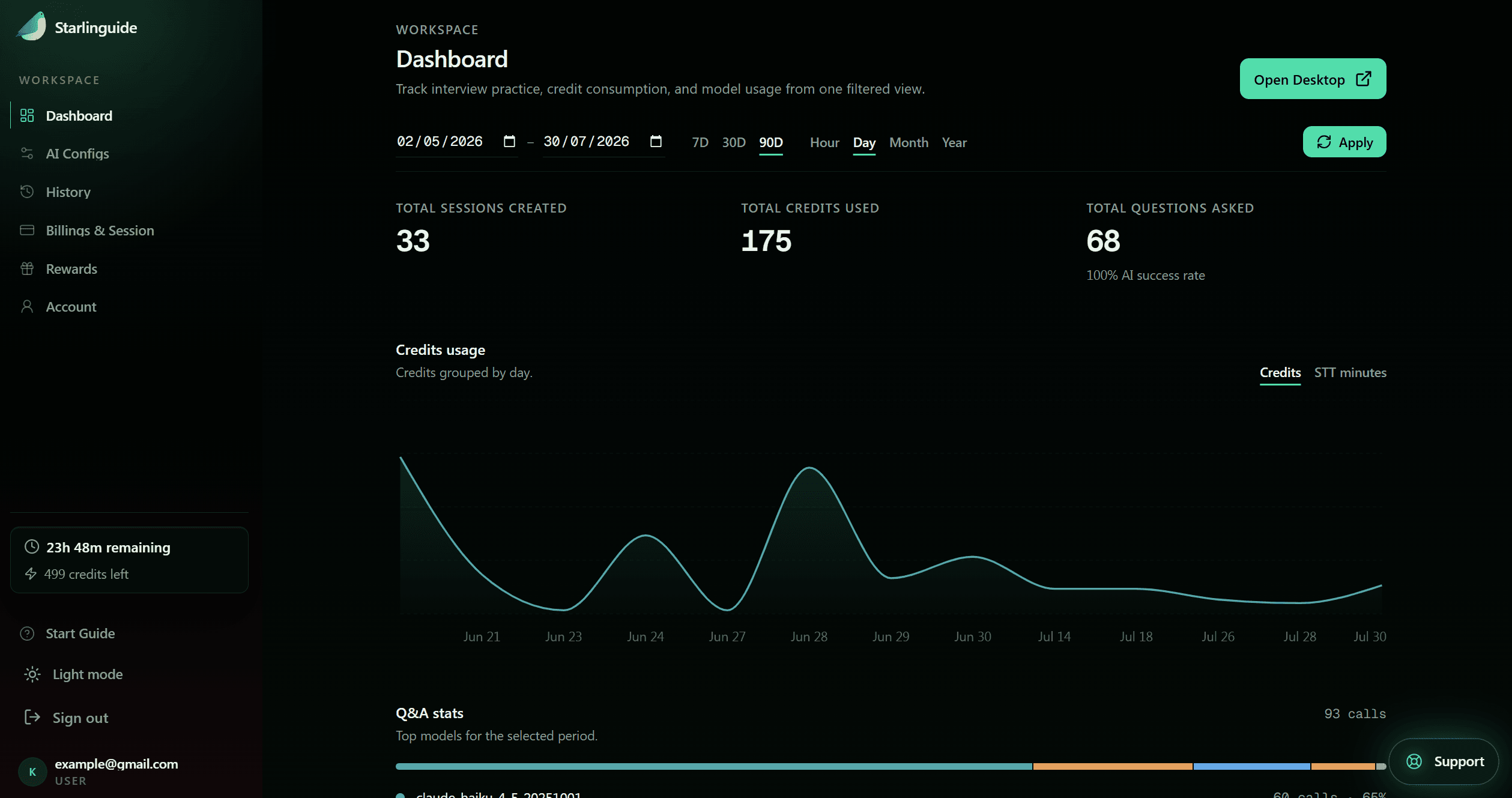 Starlinguide dashboard overview